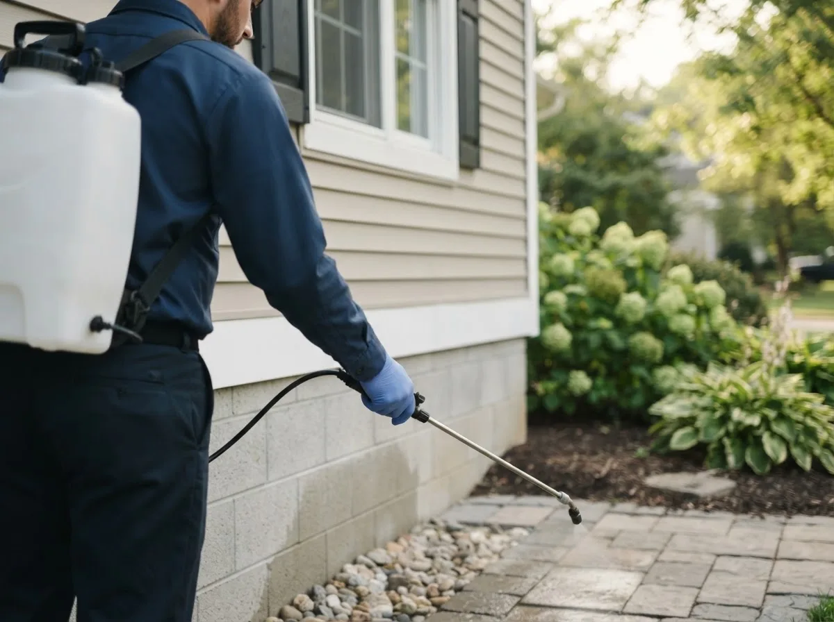 Pest control technician inspecting a home in Wilton, AR